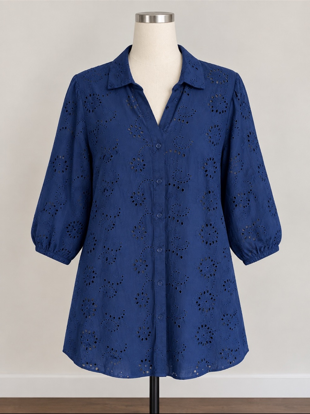 Eyelet Button-Down Shirt in Navy
